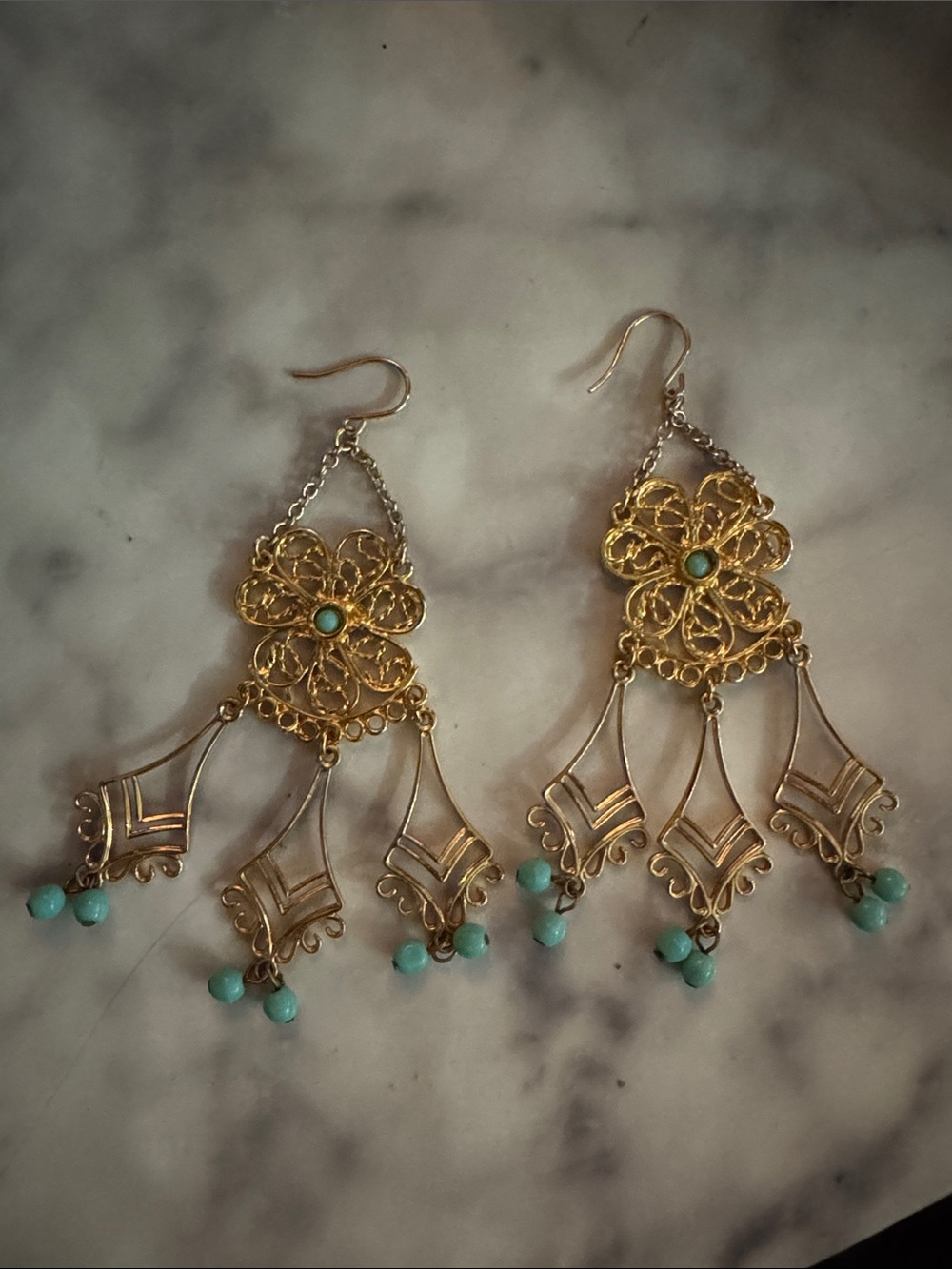 Gold Filigree Floral Chandelier Earrings with Turquoise Beads